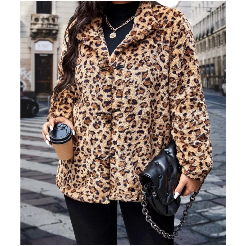 Plus Cozy Vegan Fur Leopard Print Jacket Coat - Picture 3 of 4